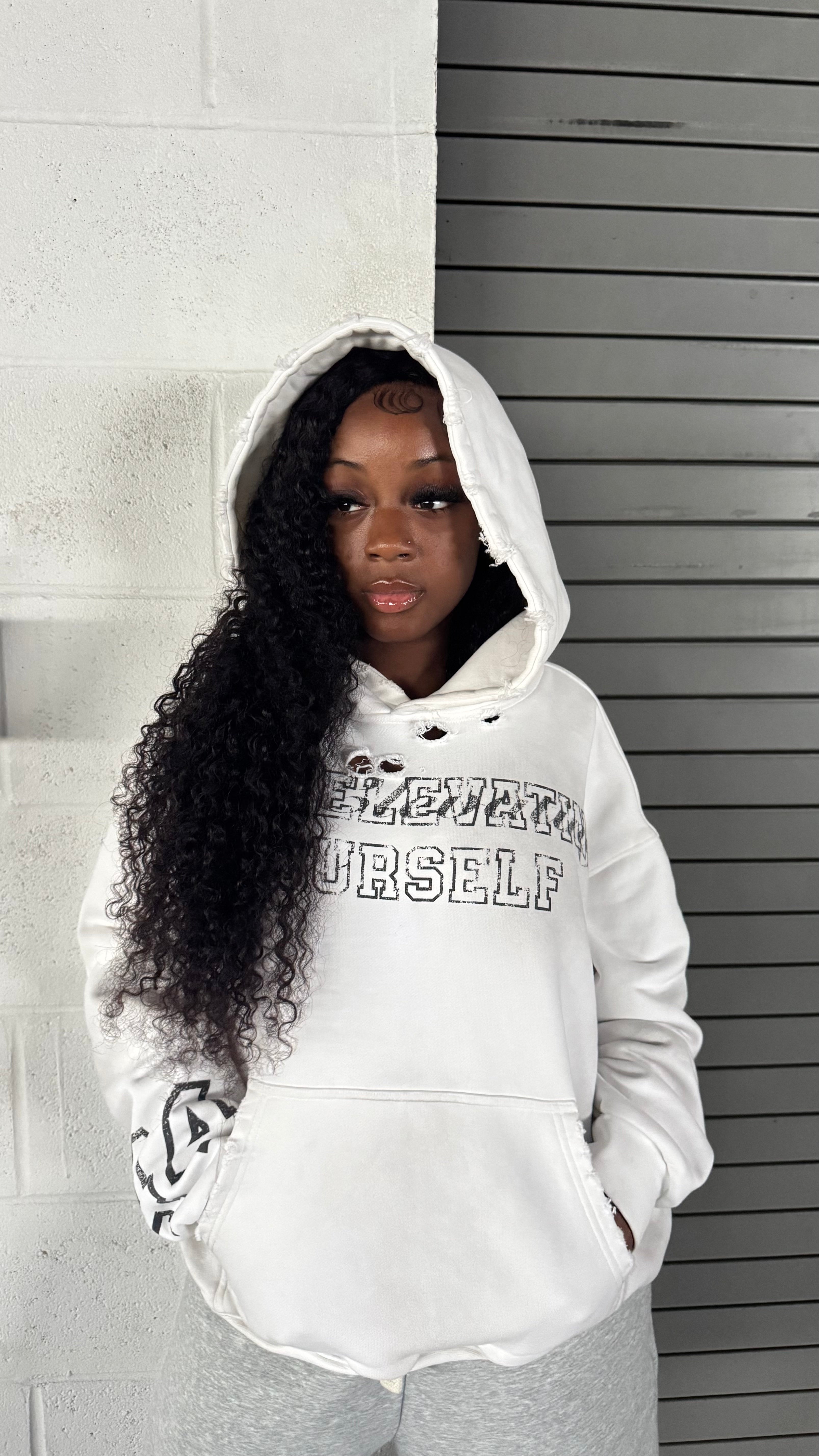 KEEP ELEVATING YOURSELF WHITE HOODIE
